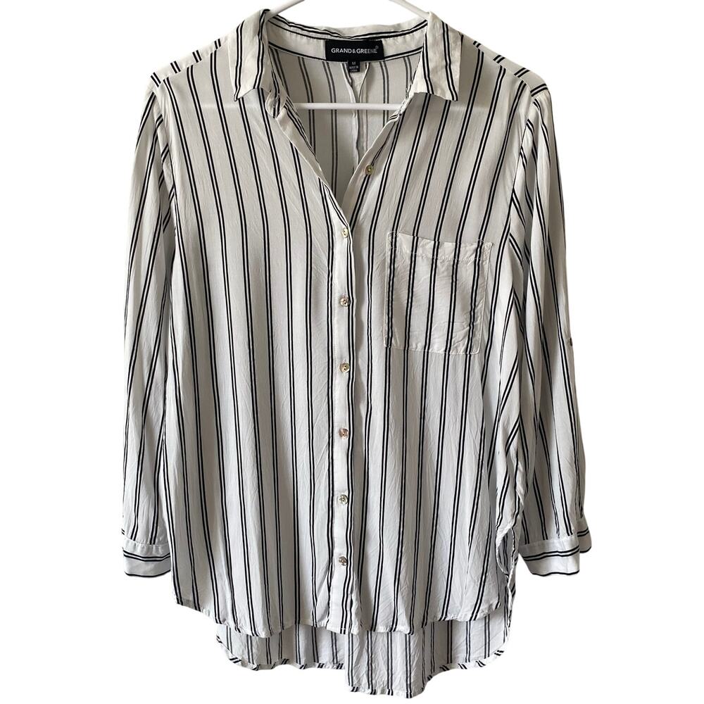 GRAND & GREENE Striped Coastal Button Down Blouse White Size Medium Rayon
